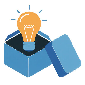 Blue box with orange lightbulb and blue lines idea innovation isolated on a transparent background