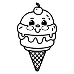 Cute kawaii style double scoop ice cream cone illustration with a cherry on top, featuring a happy smiling face, isolated on a white background for coloring pages.