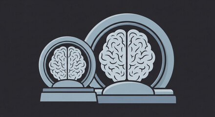 Two stylized brain illustrations in circular frames on stands against a dark background representing cognitive development or comparison © Zia 