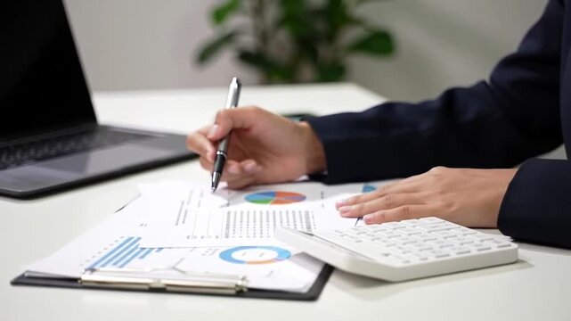 Business professional analyzing financial reports with calculator and laptop, close-up on hands writing and calculating data, corporate office setting, stock media