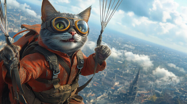 Close-up of a cartoon cat wearing an orange jumpsuit, parachute harness, and goggles, with a backdrop of a city skyline and clouds.
