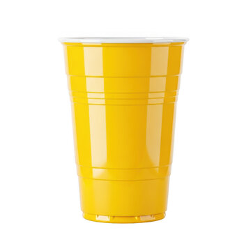 Vibrant yellow plastic cup with white rim isolated on transparent background