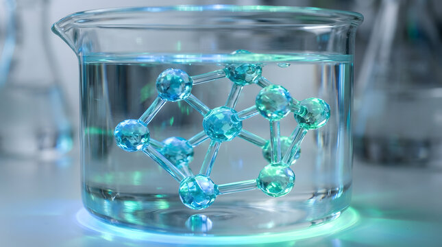 Advanced Scientific Research: Close-up of crystal molecular model immersed in pure water inside a laboratory glass beaker