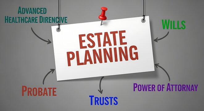 Estate planning concept with associated terms on a gray background. Financial legal advice diagram showing wills, trusts, and power of attorney.