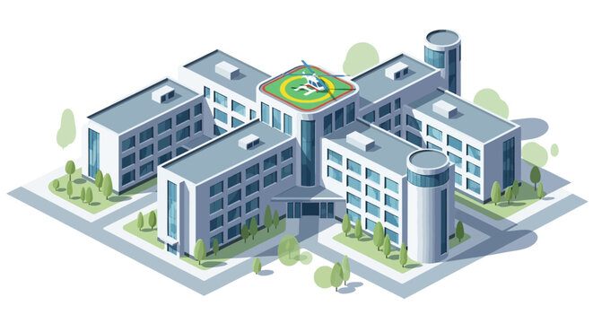 This flat vector illustration represents a modern hospital building with medical infrastructure and healthcare facilities. The design symbolizes public health services, medical treatment centers, emer