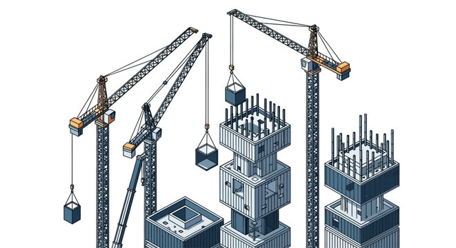 This flat vector illustration represents construction cranes and building development, symbolizing construction industry, infrastructure growth, and urban development. It reflects large-scale projects