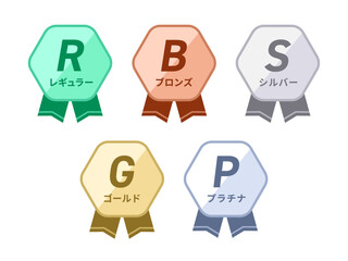 フラットなデザインで構成された、ミントグリーン、テラコッタ、アッシュグレー、シャンパンゴールド、スカイシルバーの5色で構成された、角丸の六角形と2股のリボンが特徴的なフラットデザインの会員ランクを表現するためのバッジセット