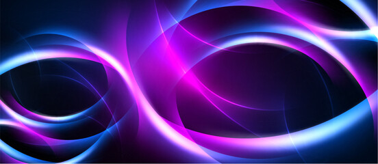 Naklejka premium Abstract flowing shapes, vibrant blue, purple hues. Dynamic energy radiates from central point, dark background contrasts bright lines.