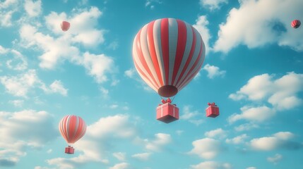 Obraz premium A Box flying on a parachute with pink cloud,vector illustration of package flying down from sky and cloud with parachute, concept for delivery service,shopping online,air delivery service.