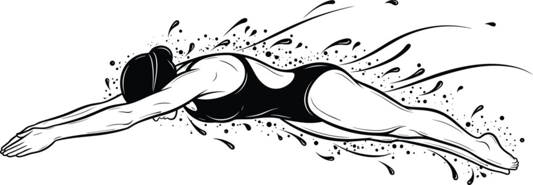 Swimming girl vector illustration, female swimmer in swimsuit diving into water, professional athlete splashing liquid, hand drawn black and white artistic sports design