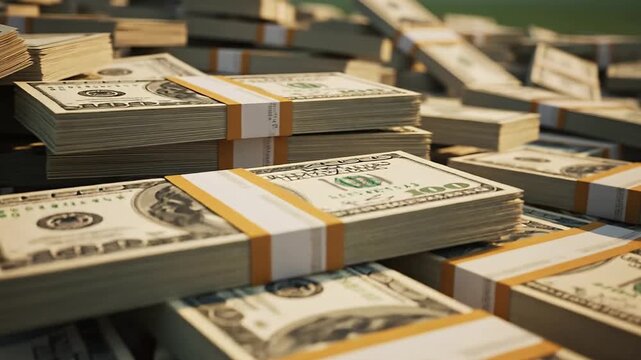 A large heap of hundred dollar banknotes forms a green stack of US currency, representing cash savings, business success, and a wealth of paper bills for banking and finance investment video