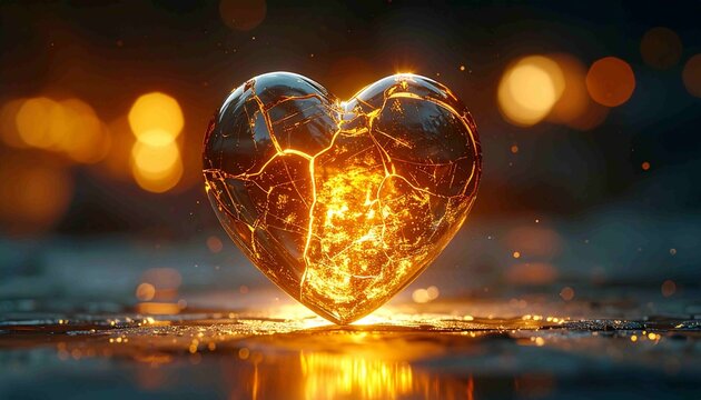 a cinematic digital artwork featuring a transparent glass heart sculpture that cracks and glows from within with a warm golden light. This heart is placed on a reflective surface that is gt