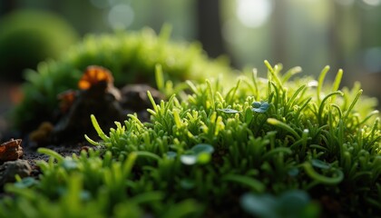 Vibrant Green Moss Thrives in Soft Morning Sunlight Illuminated Forest Floor Macro Detail
