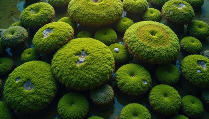 Abstract Spherical Mossy Growths Floating On Murky Water Surface