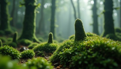 Enchanted Mossy Forest Floor with Mysterious Green Spikes Illuminated by Soft Sunlight Misty Atmosphere Nature
