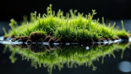Vibrant green moss island surrounded by dark water with reflection and dramatic lighting macro shot