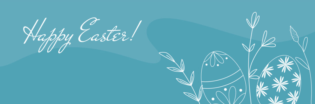 Happy Easter horizontal banner. Festive layout with silhouette of painted eggs with wildflowers and congratulatory text. Cute universal Easter greeting template. Vector graphics
