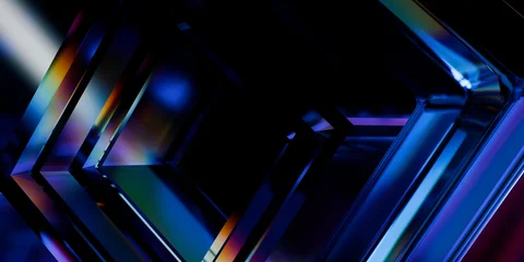 Cyberfuturistic transparent glass plane elements and liquid acrylic red purple blue glow on black backdrop cinematic tech background design cover art visuals 3d rendering © IM_VISUALS