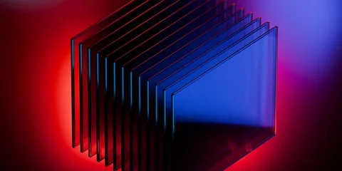 Cyberfuturistic transparent glass plane elements and liquid acrylic red purple blue glow on black backdrop cinematic tech background design cover art visuals 3d rendering © IM_VISUALS