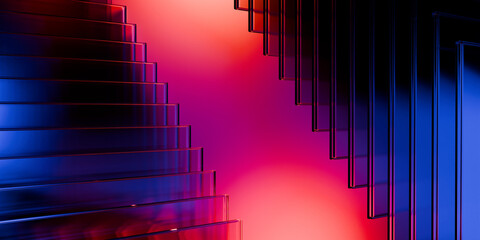 Plakat Cyberfuturistic transparent glass plane elements and liquid acrylic red purple blue glow on black backdrop cinematic tech background design cover art visuals 3d rendering