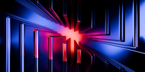 Cyberfuturistic transparent glass plane elements and liquid acrylic red purple blue glow on black backdrop cinematic tech background design cover art visuals 3d rendering © IM_VISUALS