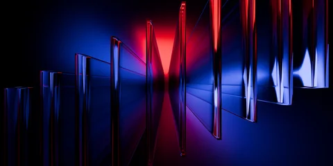 Cyberfuturistic transparent glass plane elements and liquid acrylic red purple blue glow on black backdrop cinematic tech background design cover art visuals 3d rendering © IM_VISUALS