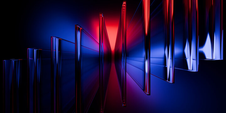 Cyberfuturistic transparent glass plane elements and liquid acrylic red purple blue glow on black backdrop cinematic tech background design cover art visuals 3d rendering