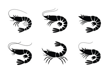 Six Black Silhouette Shrimp on White Background © vector Art