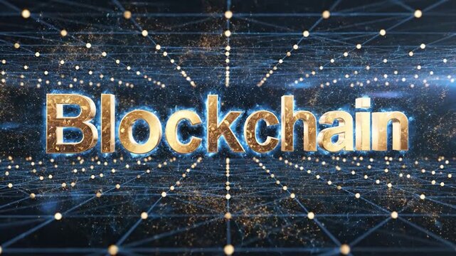 Golden Blockchain text on a futuristic digital network background