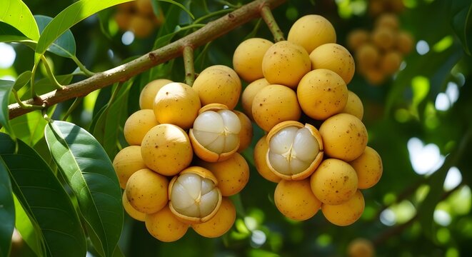 Clusters of ripe tropical langsat (duku) fruit hanging abundantly on a tree branch, showcasing the exotic, sweet, and fresh natural produce with vibrant green leaves in a lush garden setting