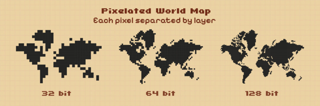 Pixel World Map. 32, 64, and 128 bit pixelated map of the world. For presentation, business, corporate, travel design vector illustration