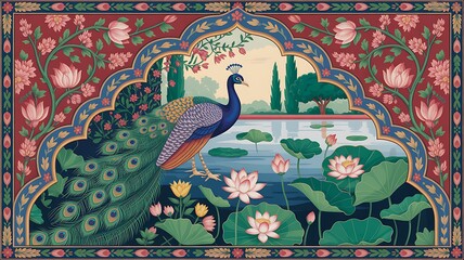 Enchanting Gateway to a Mughal Garden Oasis with Peacocks and Lush Pink Blossoms
