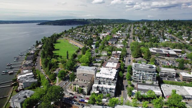 Aerial View of Suburb Along Lake Washington