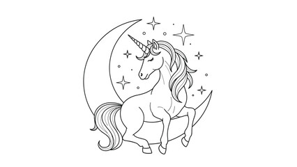 Naklejka premium Delicate line art illustration of a magical unicorn sitting on a crescent moon surrounded by twinkling stars on white background.