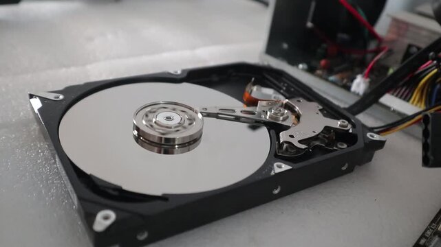 A technician opening a hard disk casing while the HDD is reading data. HDD Concept and Computer Technology