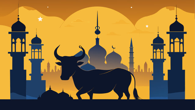 A serene silhouette of cattle and herders against a desert sunset