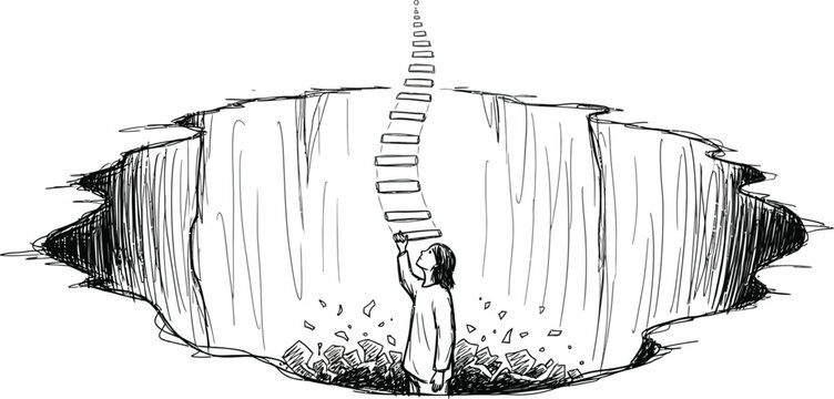 Person drawing a ladder to escape from a deep pit in a black and white illustration