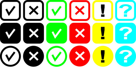Right, wrong, tick, cross, checkmark Icon Set. check mark icon button set. check box icon with right and wrong buttons box and yes or no checkmark icons. checkmark Icon Set box and button 