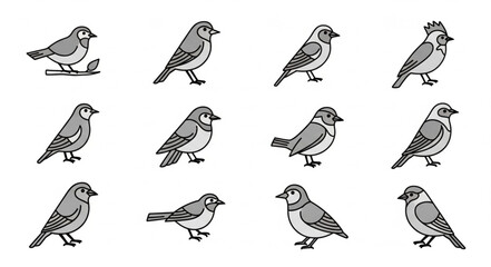 Collection of Hand Drawn Bird Illustrations in Monochrome Style. © Kanafi