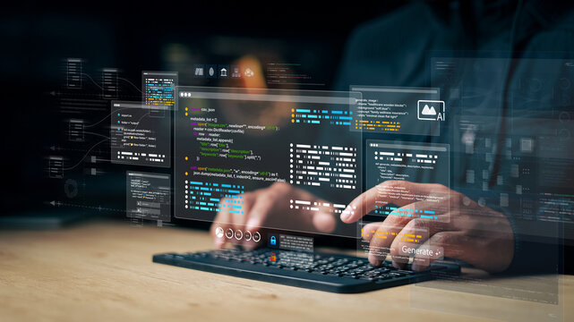 Developer using AI-powered code generation interface on virtual screen with programming scripts, data panels, and automation system. Concept of artificial intelligence software development.