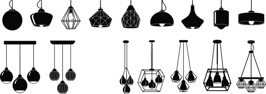 flat vector illustration of modern pendant light silhouettes set including industrial hanging lamps chandeliers ceiling fixtures and minimalist home interior decor lighting equipment isolated