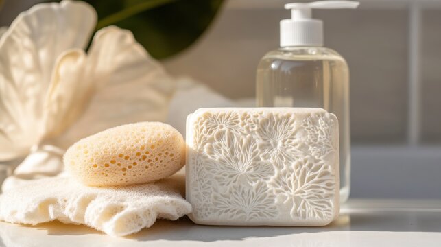 Close up view of solid shampoo bars with intricate embossed botanical patterns, accompanied by a clear dispenser bottle, highlighting sustainable beauty.