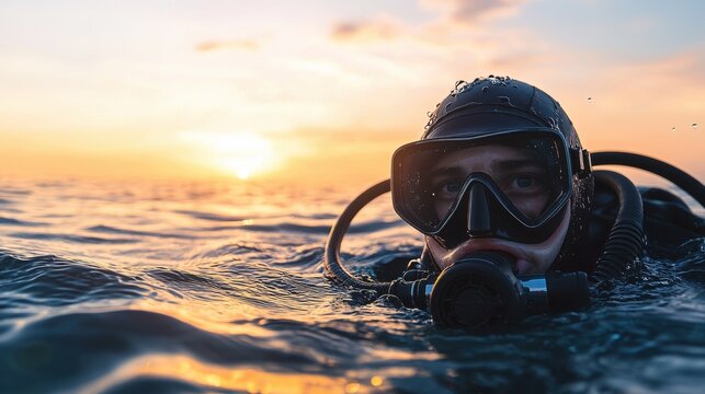 Diver at Sunset in Ocean with Reflections and Serenity