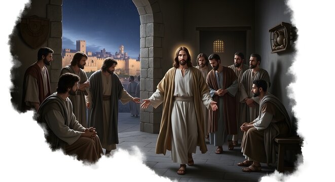Jesus Christ leads his devoted disciples through a grand stone archway into an ancient city, conveying spiritual wisdom and guidance amidst historical architecture