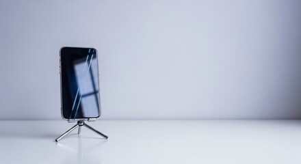 Black Smartphone on Tripod Stand Minimalist Studio Setup.