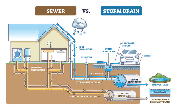 Sewer vs storm drain comparison showing separate flows, household wastewater to treatment plant and rainwater to river, key objects, house, pipes, storm drain grate. Outline diagram