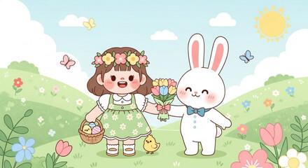 Fototapeta premium Little girl and bunny in colorful spring meadow with flowers and easter eggs