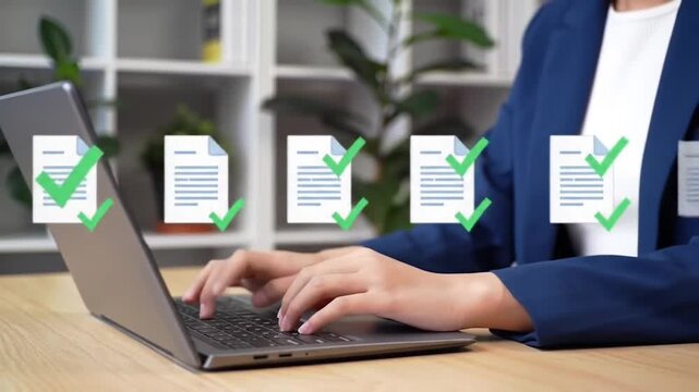 Businesswoman typing on laptop with digital documents and green checkmarks floating above, close-up on hands and screen, stock footage.