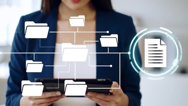 Businesswoman uses tablet to manage digital files and documents with data visualization overlay, showing network of folders and documents. Cinematic stock media.