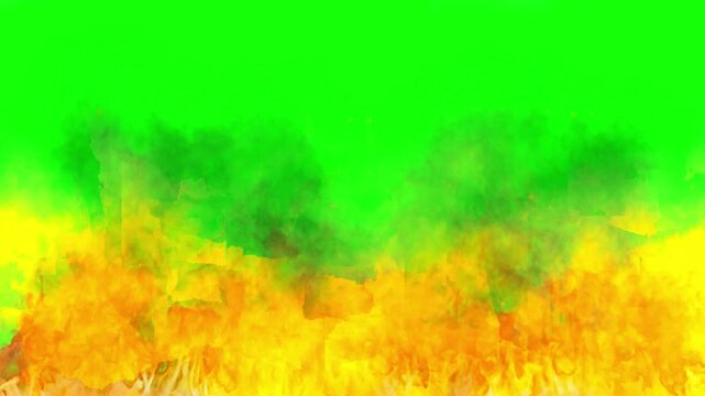 Intense cinematic fire and smoke effect overlay design rendered against a vibrant green screen background perfect for visual effects compositing work
